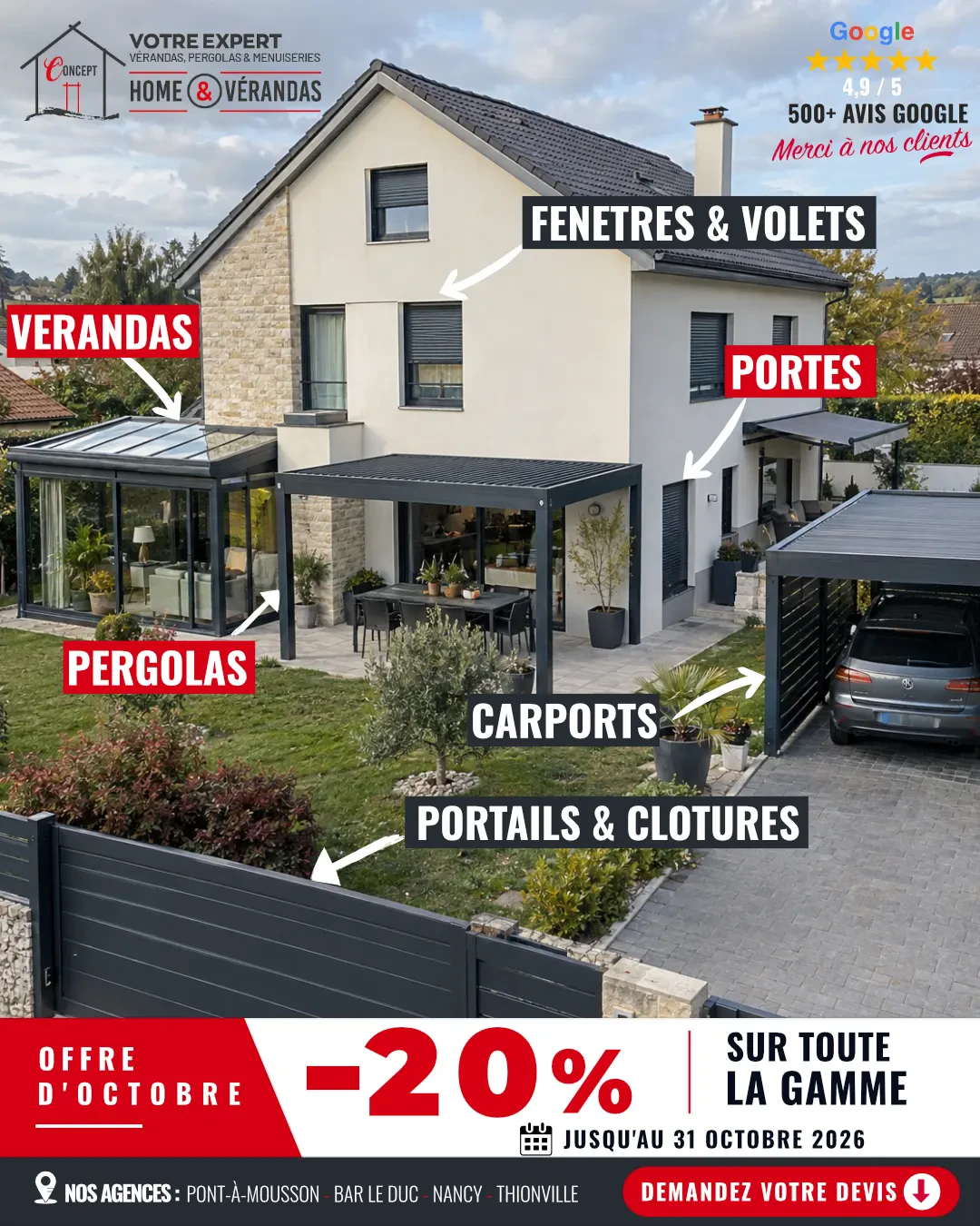 Affiche Concept Home & Vérandas : offre d’octobre, remise de 20 % sur toute la gamme jusqu’au 31 octobre 2026.