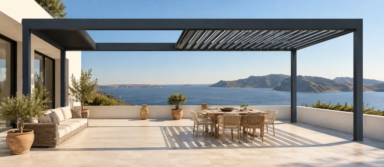 Pergola bioclimatique au bord d’une piscine