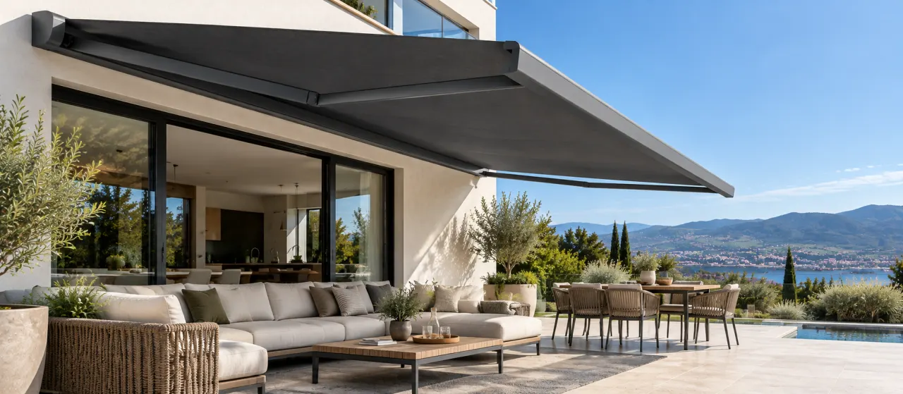 Store banne déployé au-dessus d’une terrasse