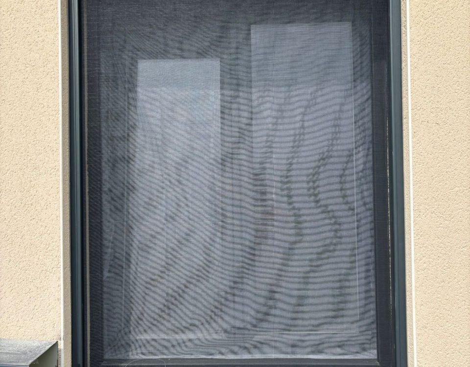 Moustiquaire enroulable avec ossature en aluminium laquée gris anthracite avec toile fibre de verre grise