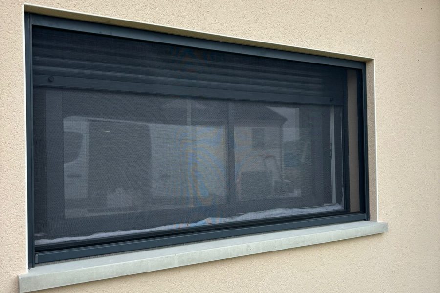 Moustiquaire enroulable avec ossature en aluminium laquée gris anthracite avec toile fibre de verre grise